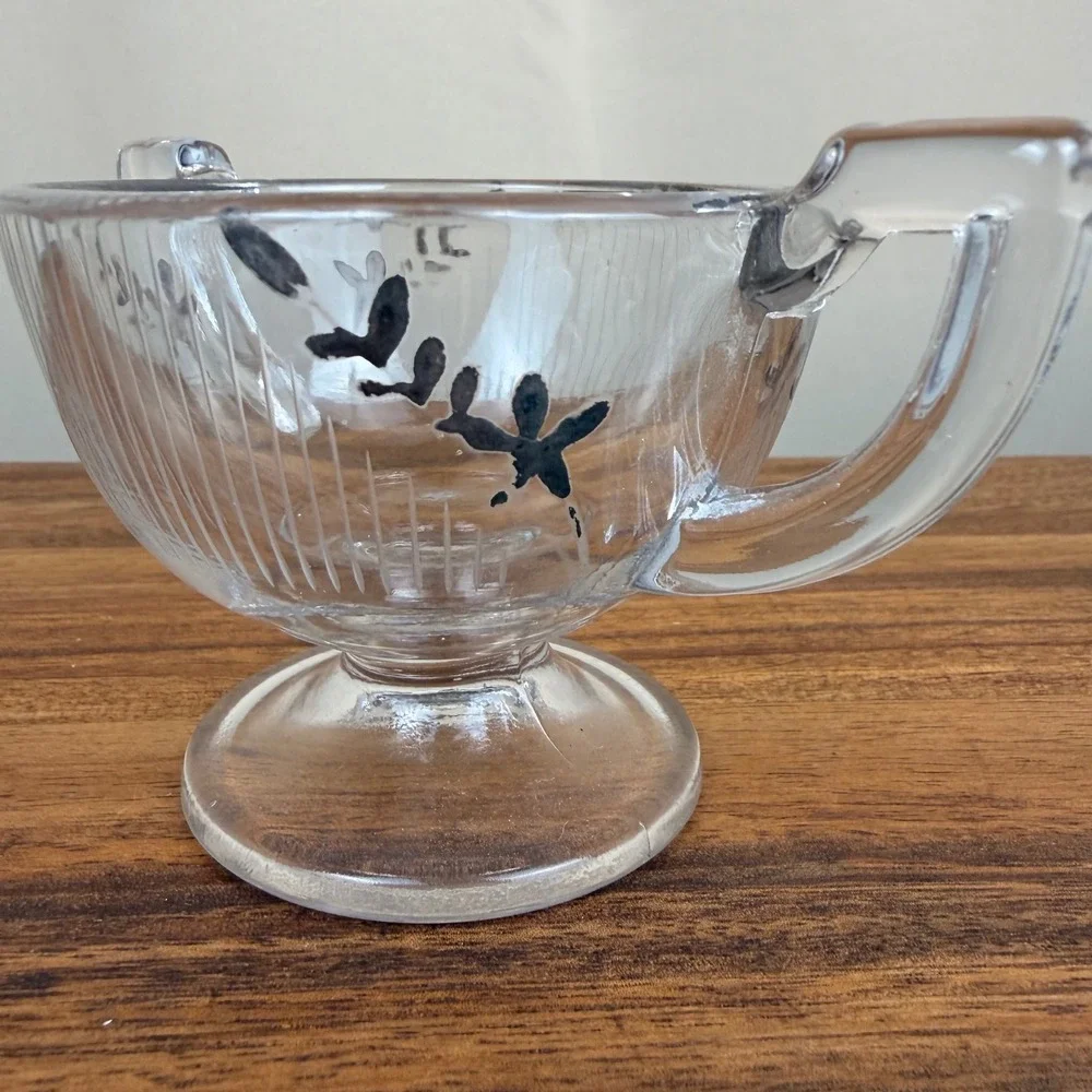 Vintage Art Deco Glass Creamer and Sugar Set  Floral Silver  Overlay Rim Ribbed